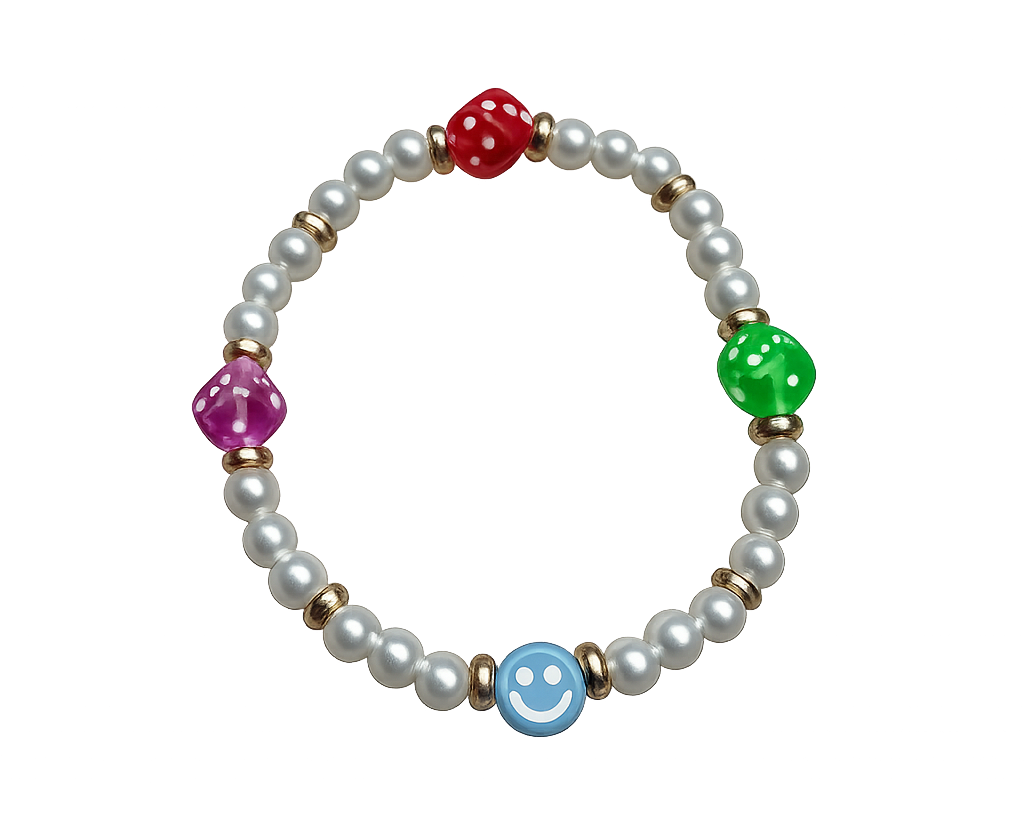 Roll the Dice Bracelet | Y2K Pearl Beaded Bracelet with Smiley Face & Colorful Dice Charms