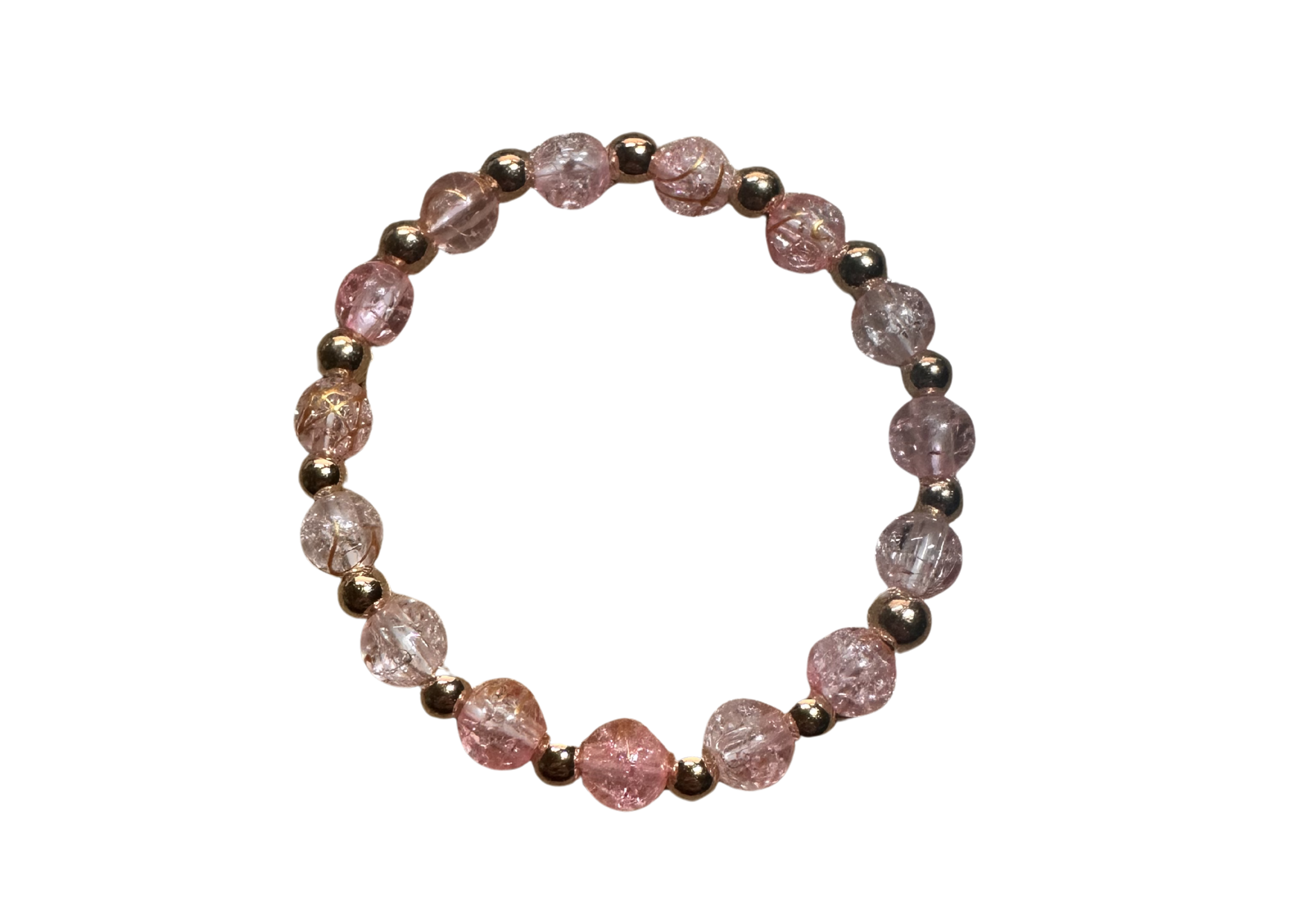 Pink Crackle Quartz Bracelet - Rose Gold Beaded Stretch Bracelet with Crystal Glass Beads