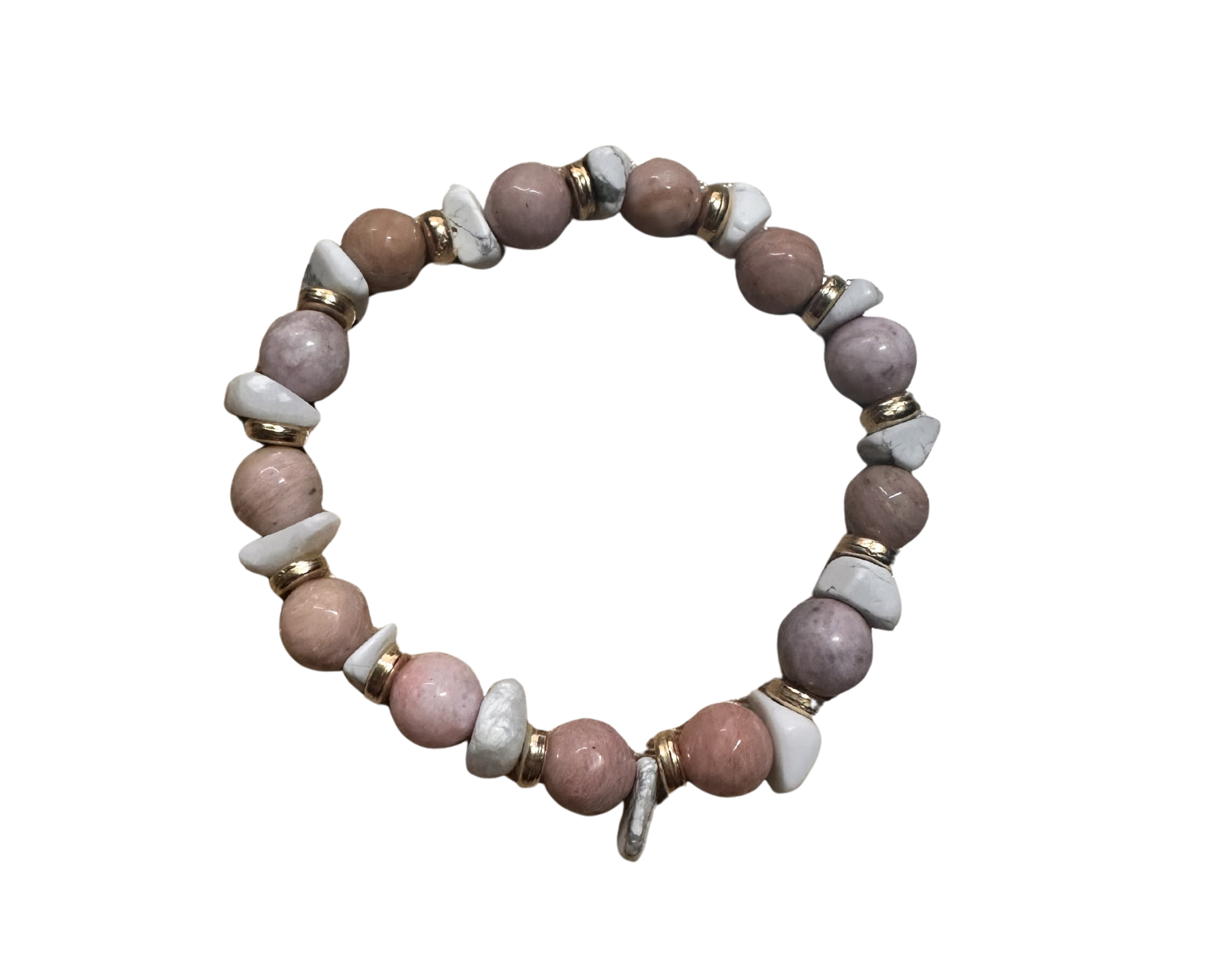 Natural Stone Beaded Bracelet - Pink Purple White Marble Stretch Bracelet with Gold Accents