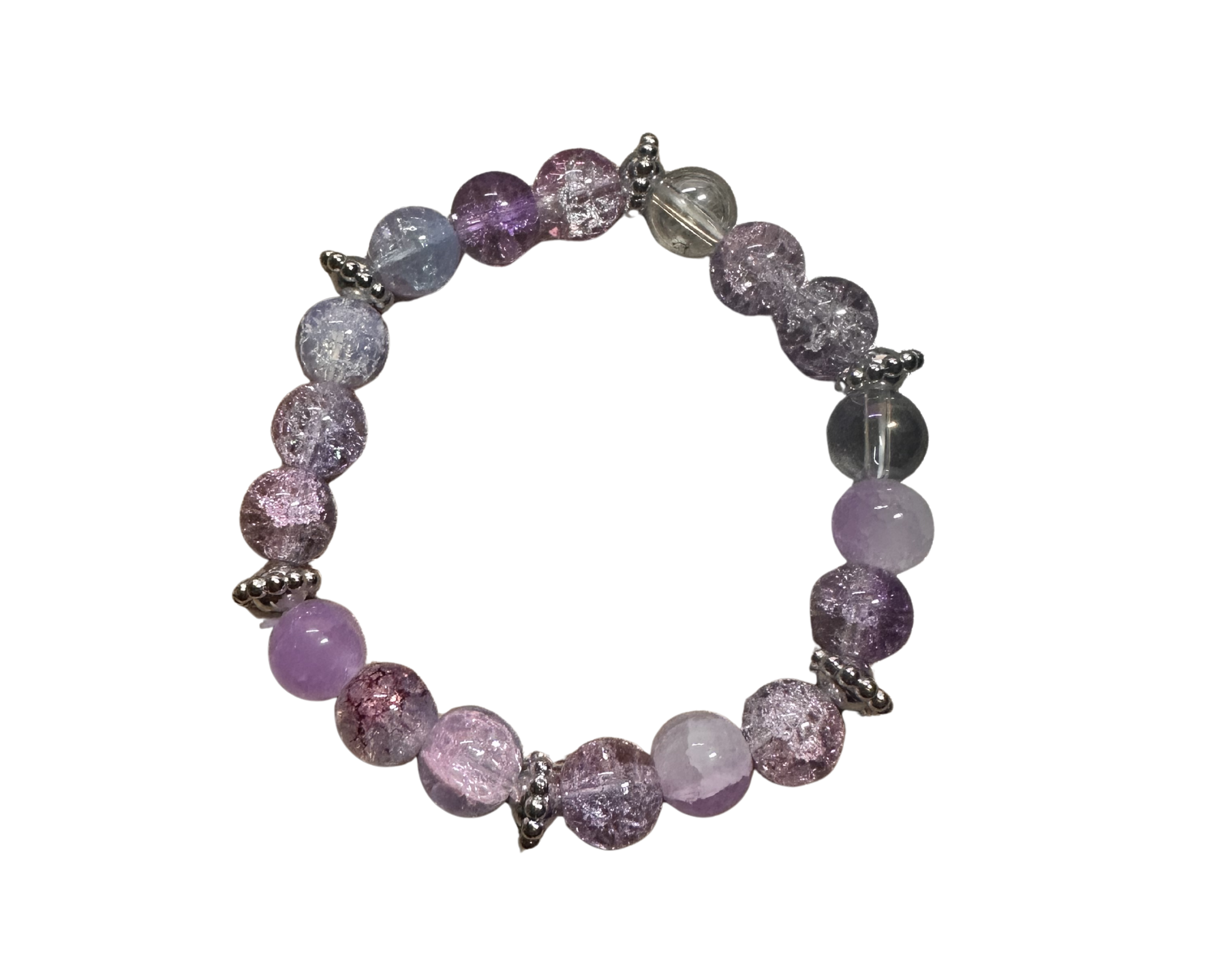 Purple Crystal Beaded Bracelet - Crackle Quartz Amethyst Stretch Bracelet with Gunmetal Accents